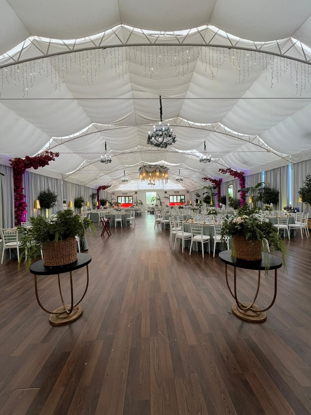 Salón diáfano con suelo de madera, techo de tela y grandes macetas, listo para montar