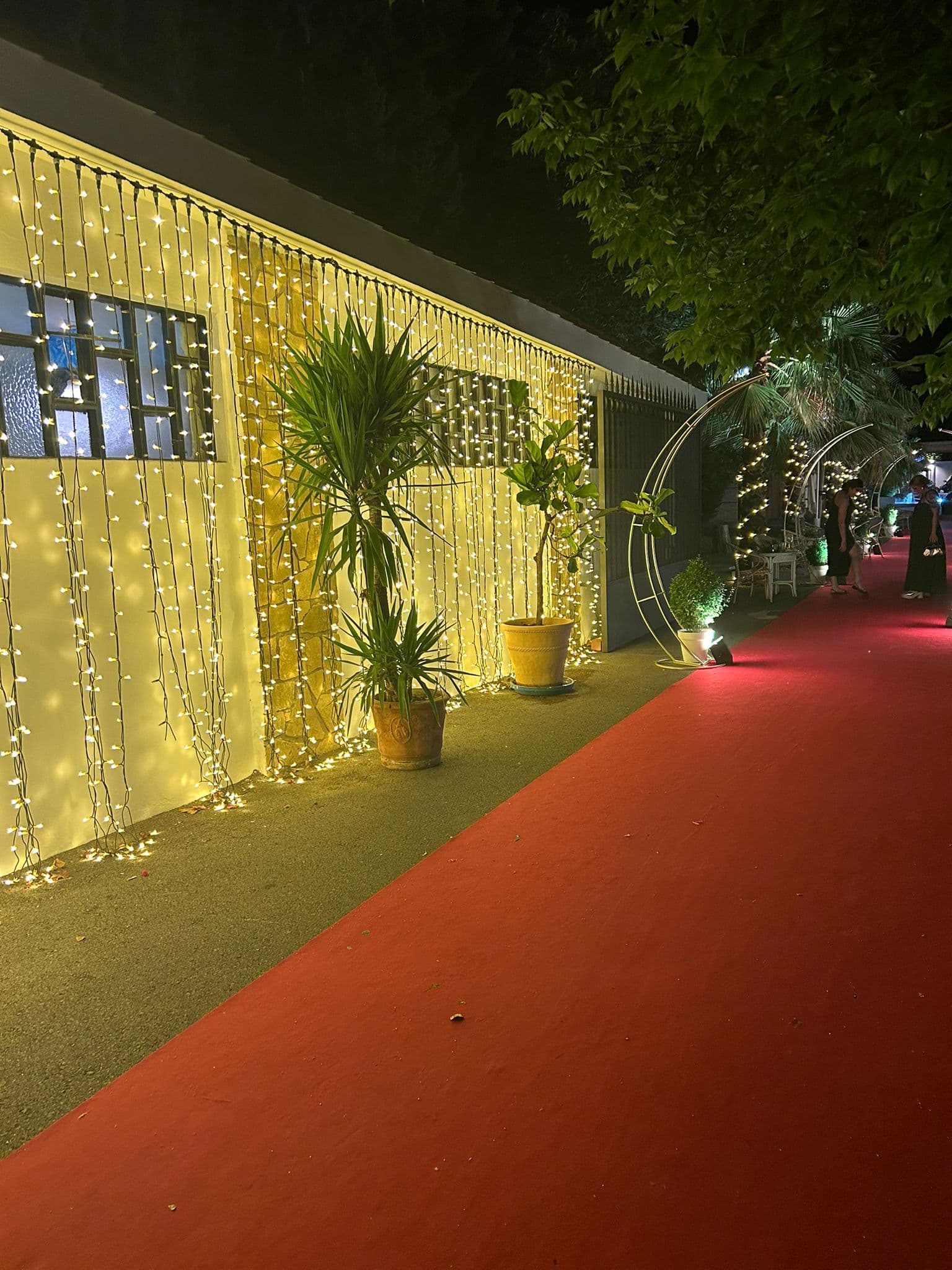 Cortina de luces cálidas cubriendo la fachada y pasillo con alfombra roja durante una celebración nocturna